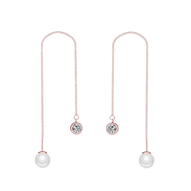 chic crystal earrings for women -Rose Gold Plated Pearl Thread Earrings Created with Zircondia® Crystals