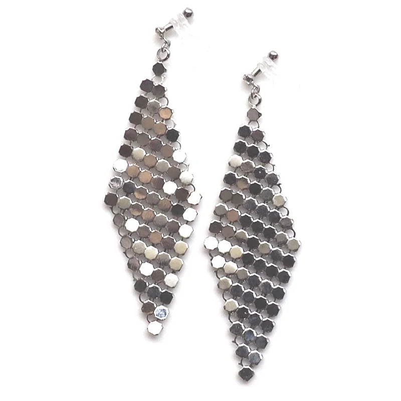 diamond earrings for women -Silver mesh invisible clip on earrings