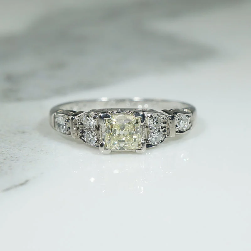 romantic engagement rings -Fancy Yellow Cushion Cut Diamond in Art Deco Ring