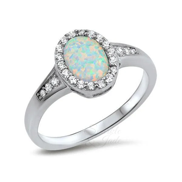 trendy necklaces for women -Sterling Silver Oval Created White Opal Halo Ring