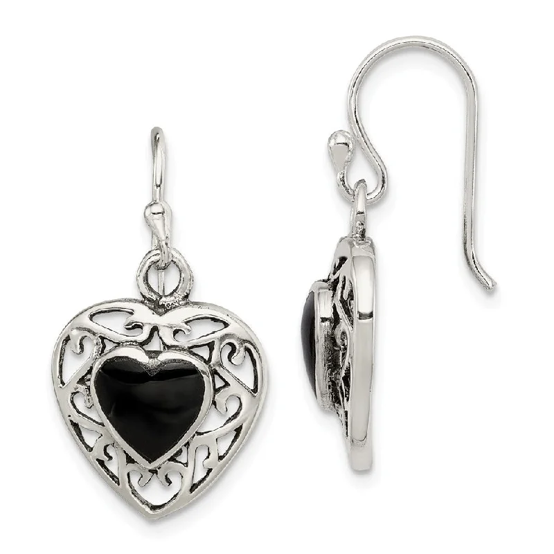 personalized earrings for women -14mm Black Onyx Heart Dangle Earrings in Antiqued Sterling Silver