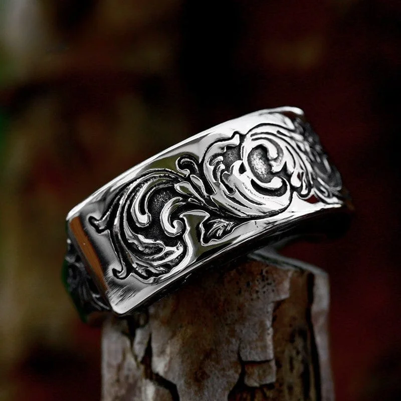 stackable rings for weddings -Men's Punk Floral Embossed Ring