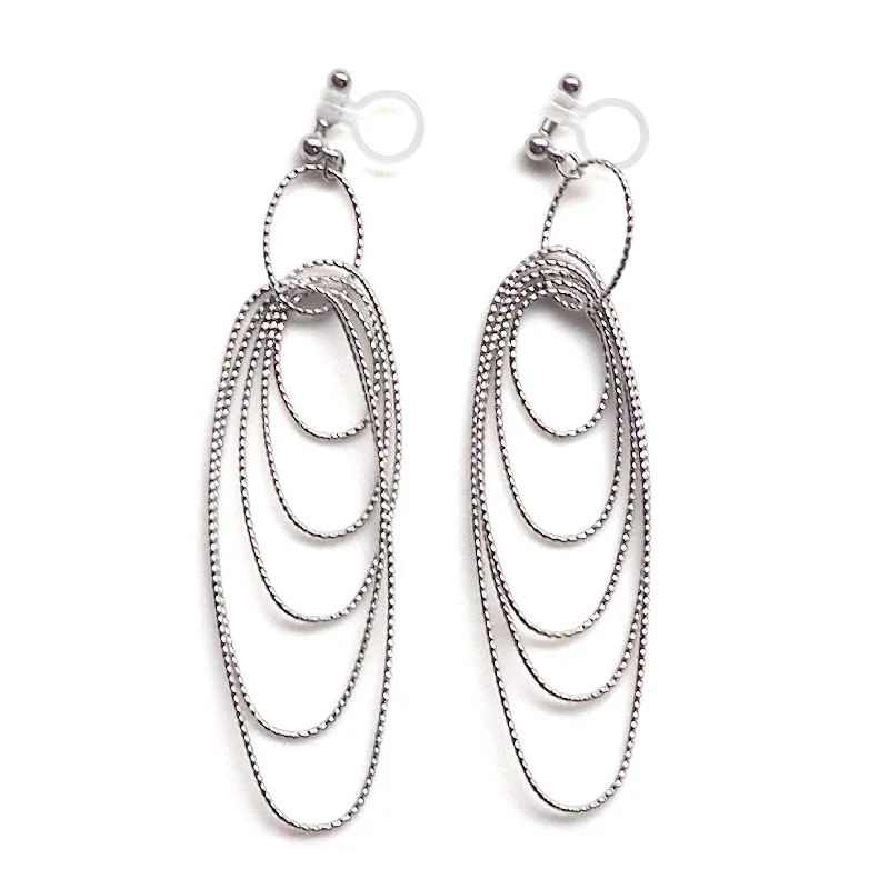 gold drop earrings for women -Dangle silver textured hoop invisible clip on earrings