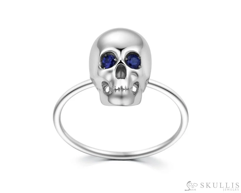 custom wedding bands for women -925 Sterling Silver Skull Ring with Sapphire Eyes