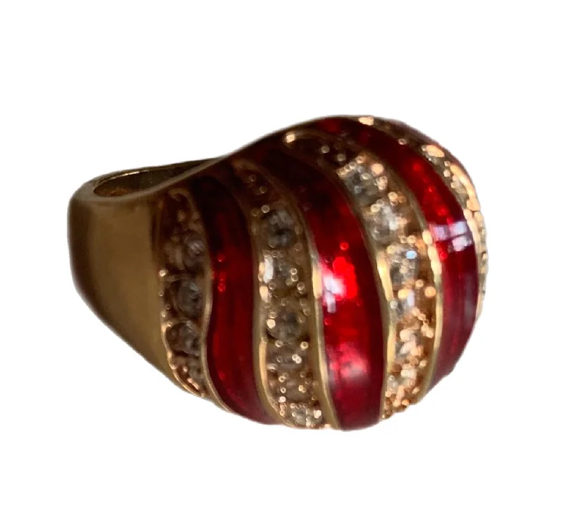 minimal engagement rings for women -Red Enameled Rhinestone Stripe Ring circa 1980s 5