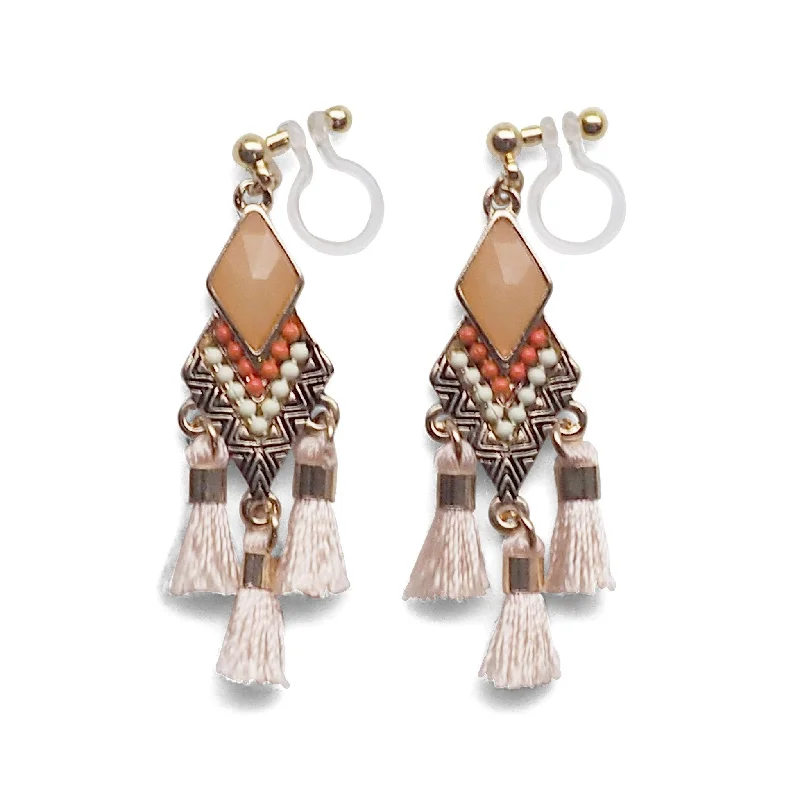 fashion earrings for women -Dangle gold ethnic light orange rhinestone and tassel invisible clip on earrings