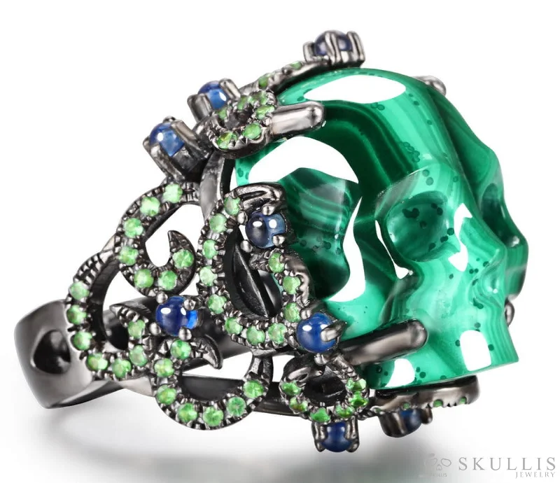 wedding band sets for women -Gem Skull Ring of Malachite Crystal Carved Skull with Sapphire & Tsavorite in 925 Sterling Silver, US Size 7