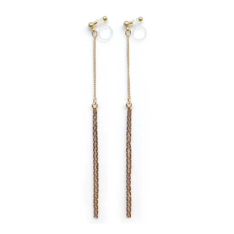 statement hoop earrings for women -Metallic gold chain threader invisible clip on earrings