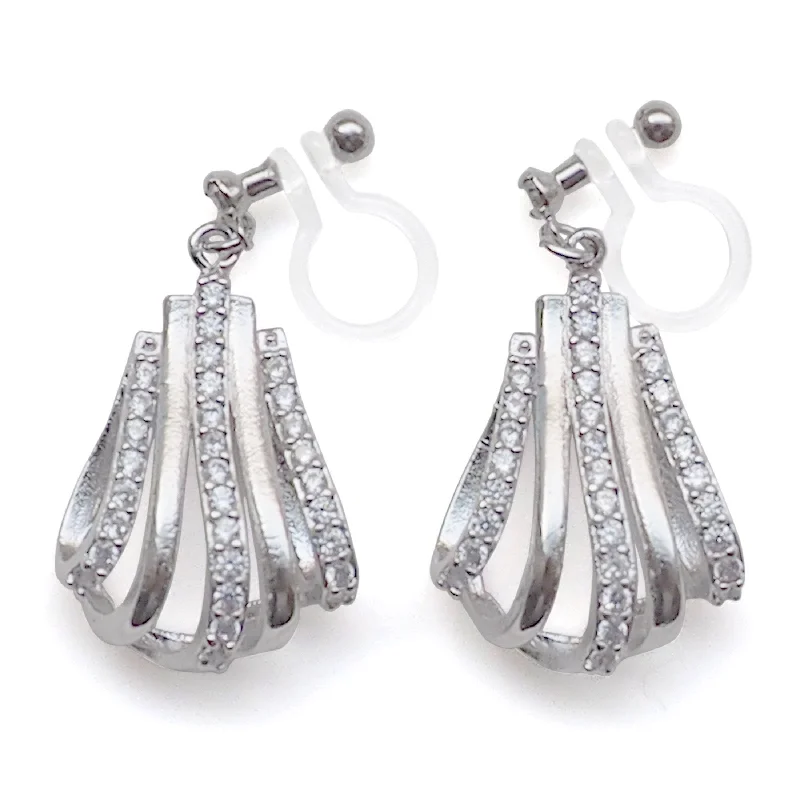 charm earrings for women -Bridal drop micro pave cubic zirconia invisible clip on earrings ( silver tone )