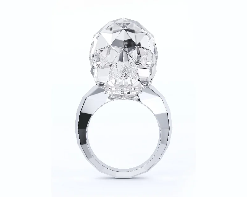 fashion rings for women -Gem Skull Ring of Faceted Quartz Rock Crystal Carved Skull in 925 Sterling Silver