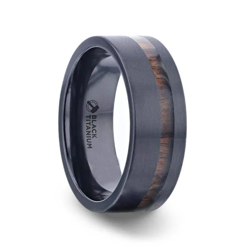 layered necklaces for women -Thorsten DARING Off-Set Koa Wood Inlaid Black Titanium Men's Wedding Band With Flat Brushed Finish - 8mm