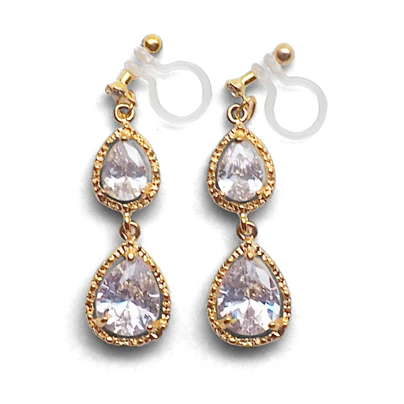 dangle earrings for women -Bridal double teardrop cubic zirconia invisible clip on earrings ( gold tone )