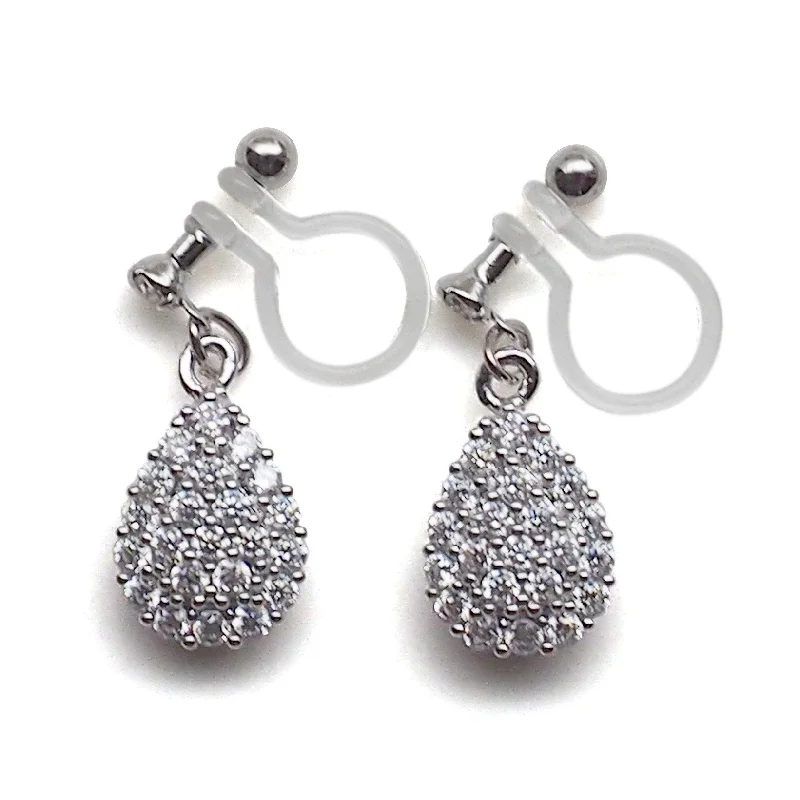 gold earrings for women -Bridal teardrop micro pave cubic zirconia invisible clip on earrings ( silver tone )