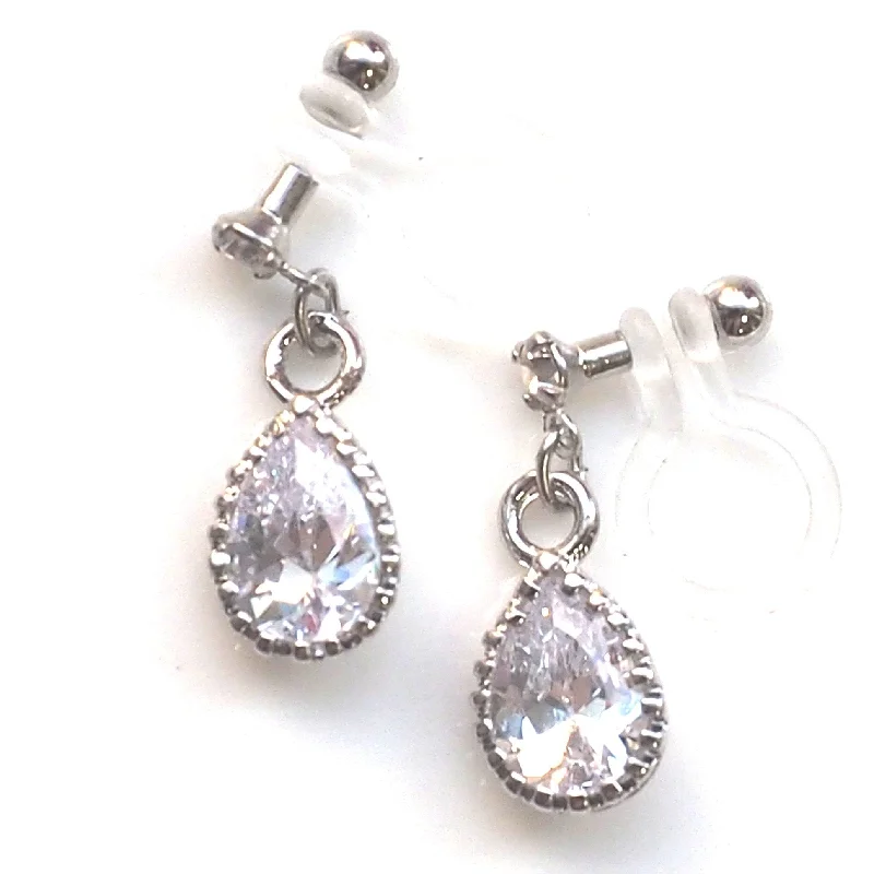 teardrop earrings for women -Cubic zirconia invisible clip on earrings