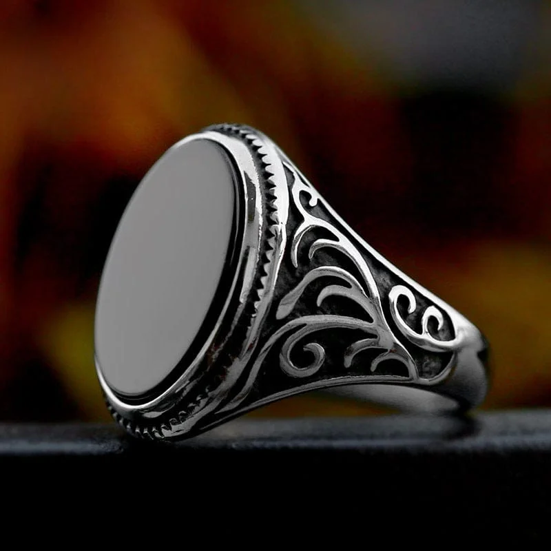 wedding rings for women -Men's Punk Carved Black Agate Ring