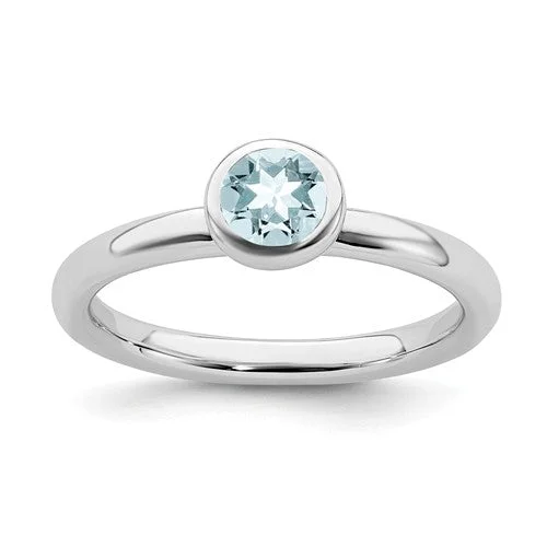 trendy necklaces for women -Sterling Silver Stackable Expressions 5mm Round Low Set Light Aquamarine Ring