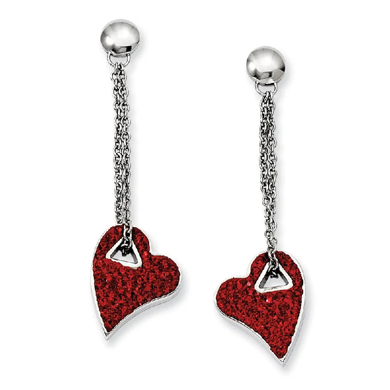 stud pearl earrings for women -Red Crystal Heart Post Dangle Earrings in Stainless Steel