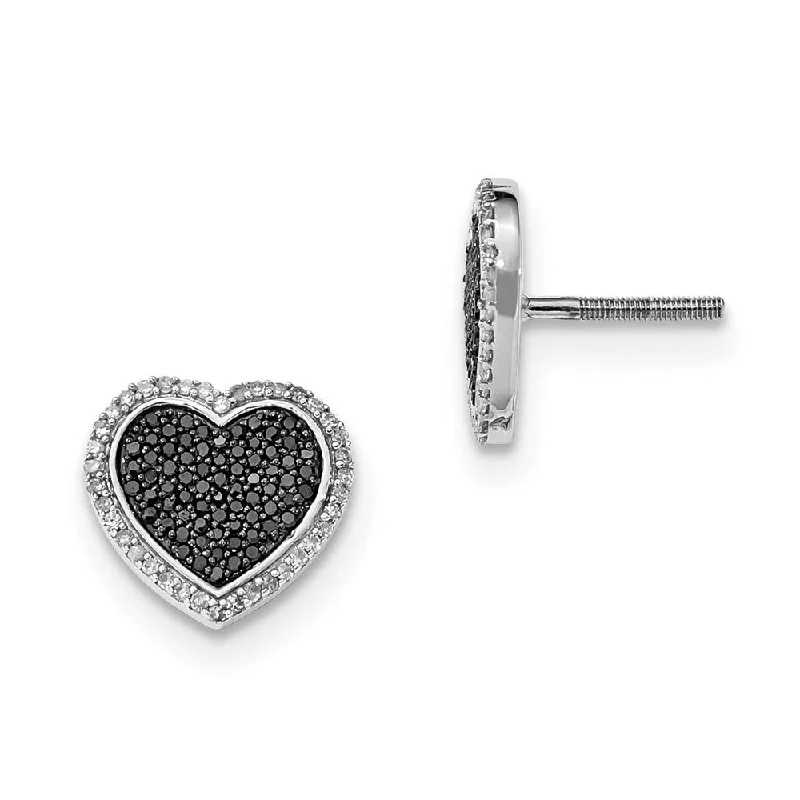 rose gold stud earrings for women -Black & White Diamond 13mm Heart Post Earrings in Sterling Silver