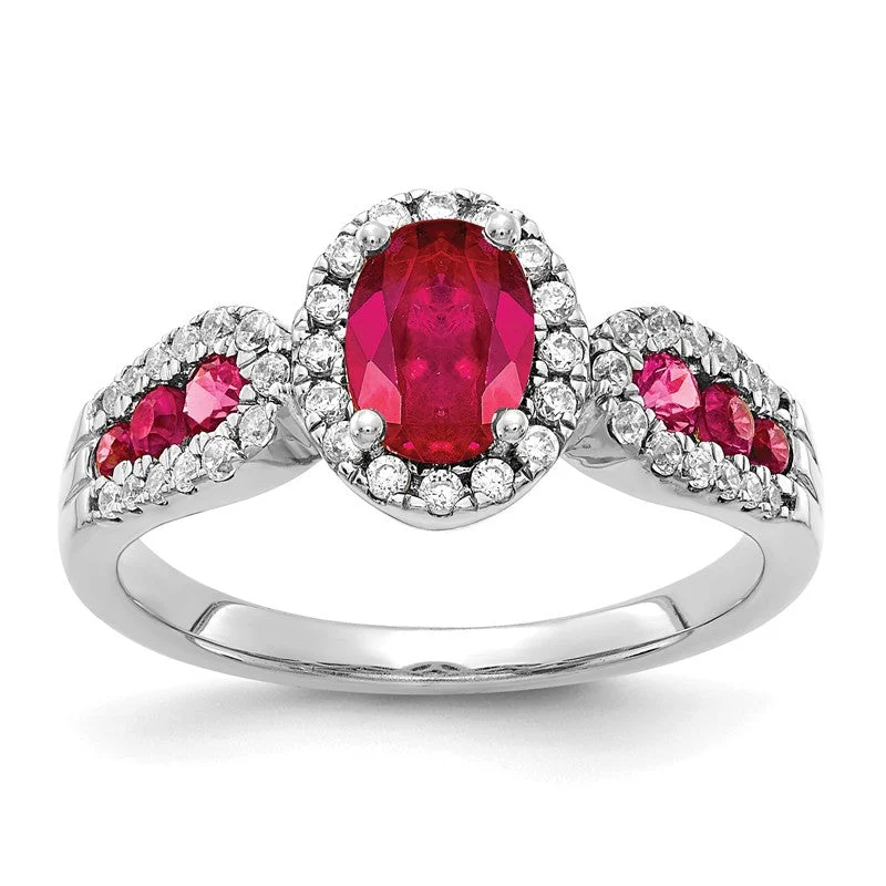 boho style necklaces for women -14K White Gold Oval Genuine Ruby And Channel Set Diamond Halo Ring