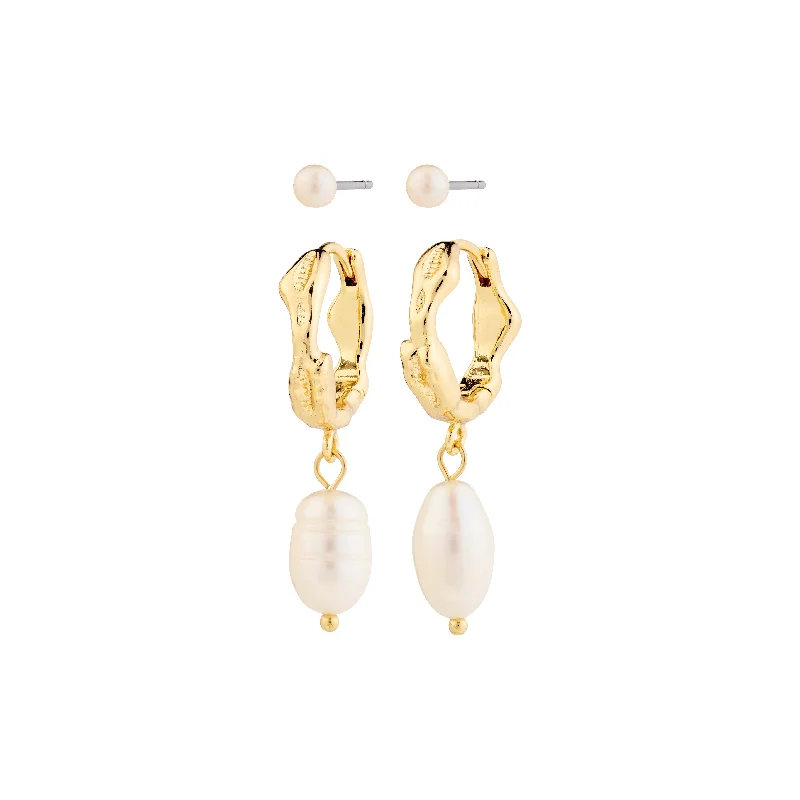 trendy stud earrings for women -JONNE pearl earrings, 2-in-1 set, gold-plated