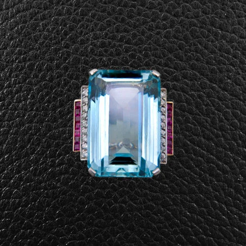 princess-cut engagement rings for women -Aquamarine, Diamond & Ruby Ring