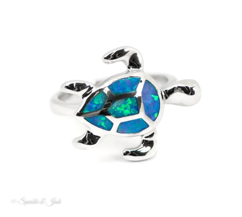 luxury gemstone necklaces for women -Sterling Silver Alamea Hawaii Blue Opal Swimming Sea Turtle Ring