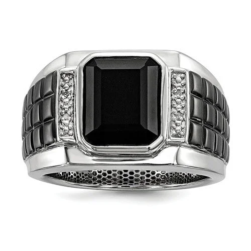 pearl necklaces for women -Sterling Silver Diamond & Onyx Square Black Rhodium Plated Men's Ring