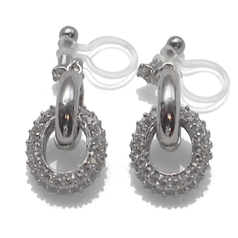 glamorous earrings for women -Bridal cubic zirconia micro pave ring invisible clip on earrings ( silver tone )