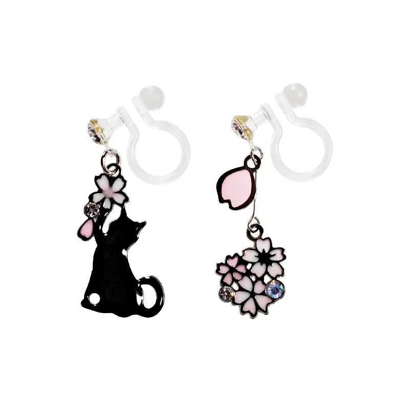 sparkling hoop earrings for women -Dangle Black Cat Silver Pink Cherry Blossom Flower Invisible Clip On Earrings