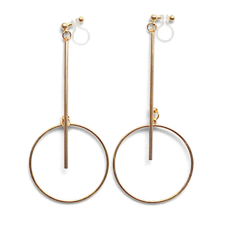 elegant pearl earrings for women -Gold Long Bar with Circle Invisible Clip on Earrings