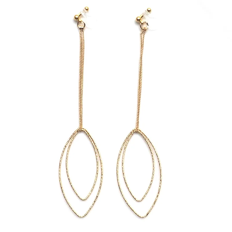 trendy drop earrings for women -Dangle gold double textured marquise hoop invisible clip on earrings