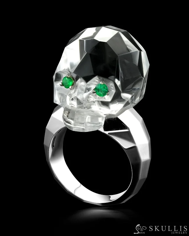 engagement rings for women -Gem Skull Ring of Faceted Quartz Rock Crystal Carved Skull with Tsavorite Eyes in 925 Sterling Silver