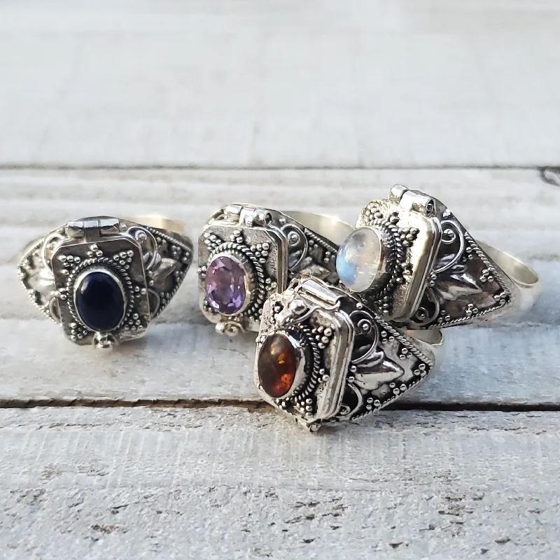 custom wedding rings for women -Sterling Silver Medieval Poison Ring with Natural Gemstone