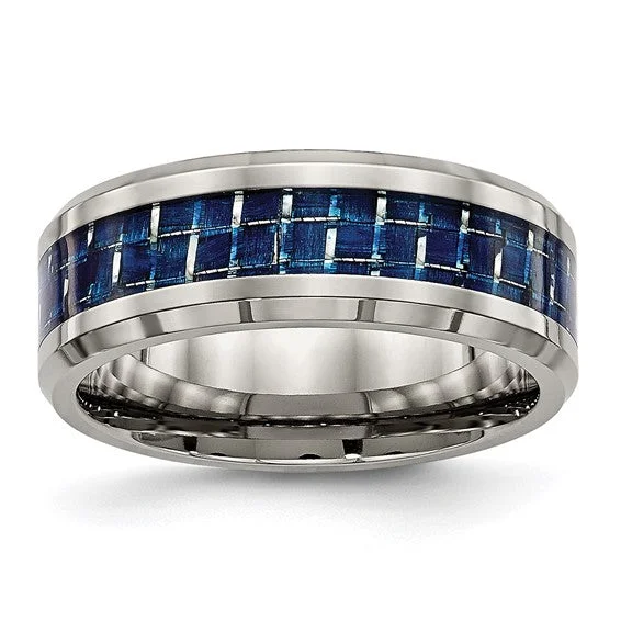 modern necklaces for women -Titanium Blue Carbon Fiber Inlay Polished 8mm Band