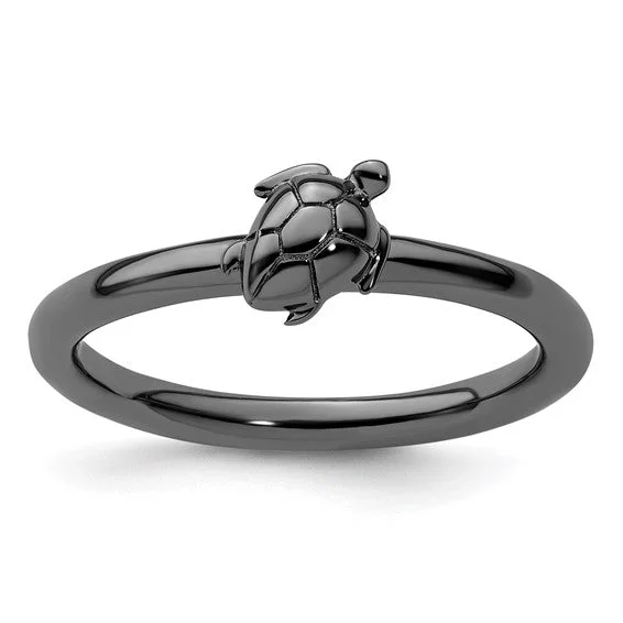 anniversary gift necklaces for women -Black-Plated Sterling Silver Stackable Expressions Turtle Ring