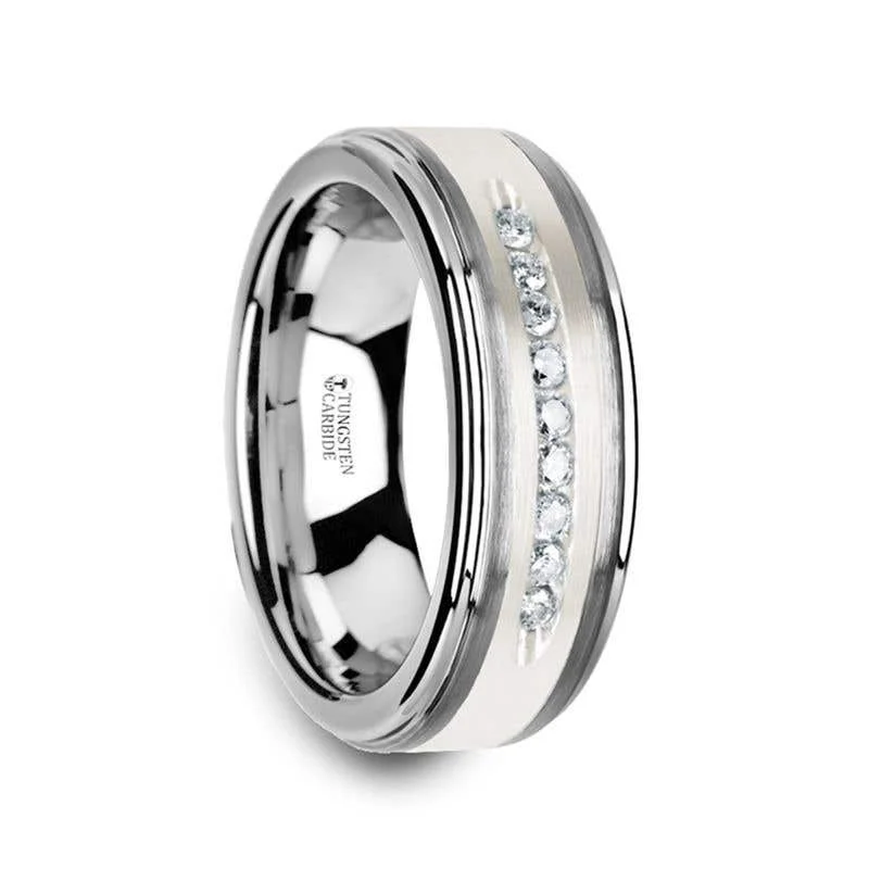 classic necklaces for women -Thorsten HARPER Tungsten Wedding Band with Raised Center & Brushed Silver Inlay and 9 Channel Set White Diamonds - 8mm