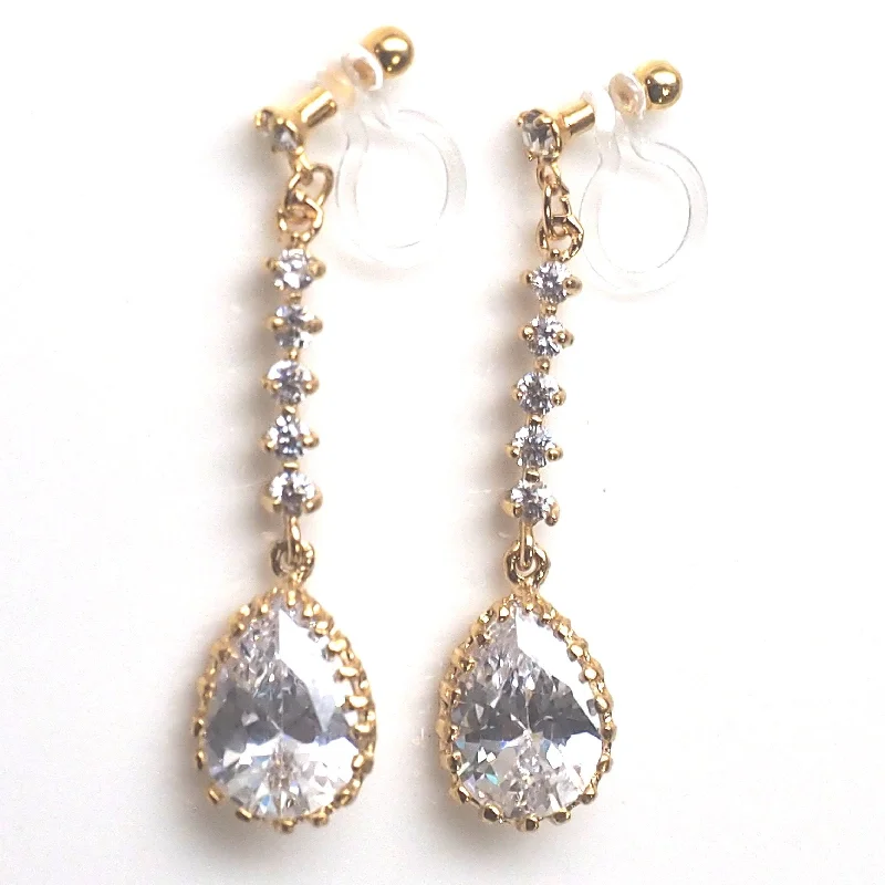 dangling gemstone earrings for women -Bridal teardrop cubic zirconia invisible clip on earrings ( gold tone )