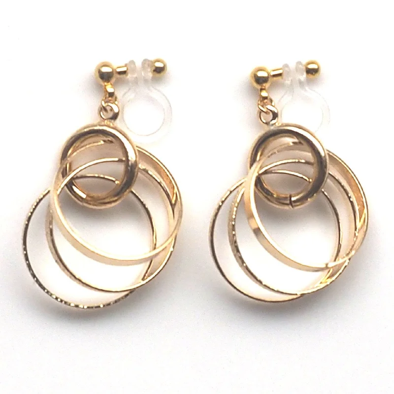 minimalist earrings for women -Three metallic gold rings invisible clip on earrings