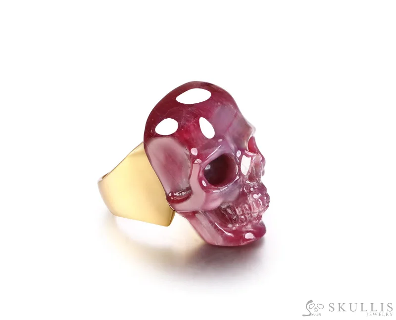 platinum rings for women -Gem Skull Ring of Ruby Carved Skull in 18k Gold