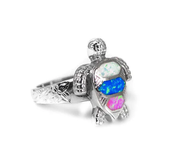 sterling silver necklaces for women -Sterling Silver Multi-Color Opal Sea Turtle Ring with Hawaiian Floral Band