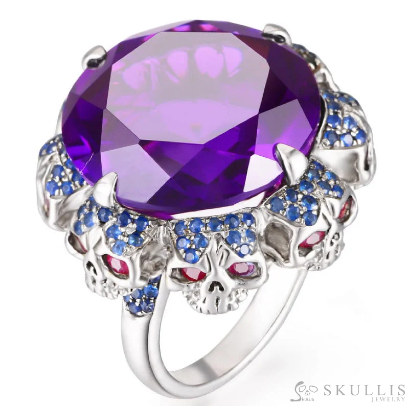 stackable rings for weddings -Gem Skull Ring of Round Cut Amethyst Carved with Skull Ruby Eyes Skulls in 925 Sterling Silver