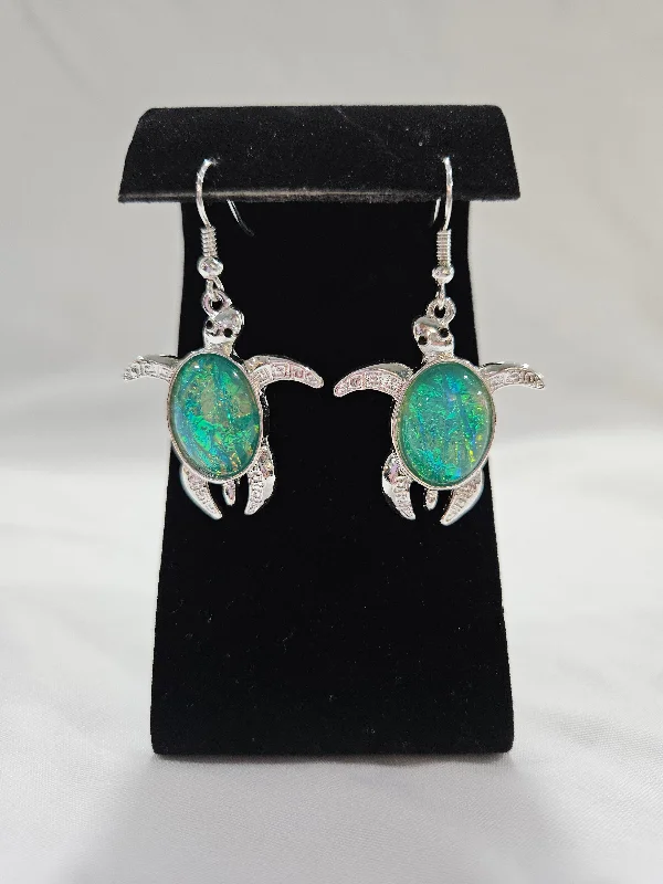 crystal earrings for women -Silver With Green Stone Turtle Earrings