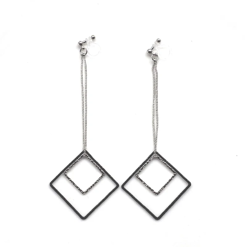 trendy earrings for women -Long silver and black square metal invisible clip on earrings