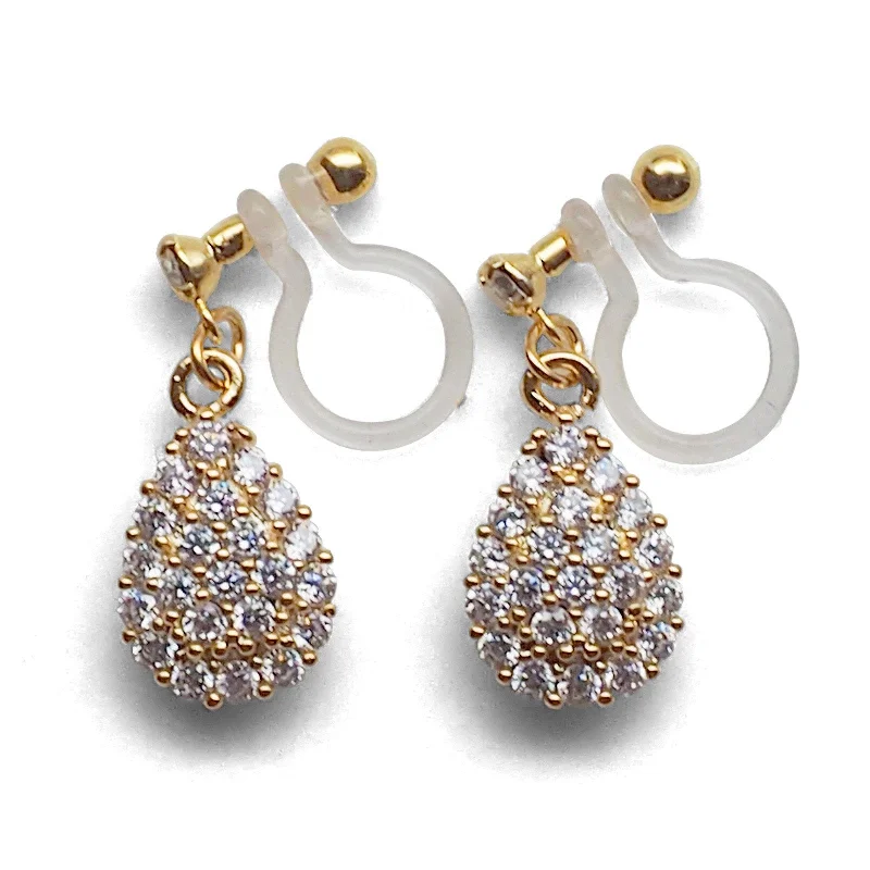 chic gemstone drop earrings -Bridal teardrop micro pave cubic zirconia invisible clip on earrings ( gold tone )