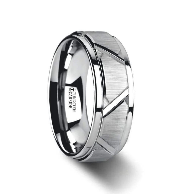 luxury necklaces for women -Thorsten VESTIGE Tungsten Ring with Triangle Angle Grooves and Raised Center - 8mm