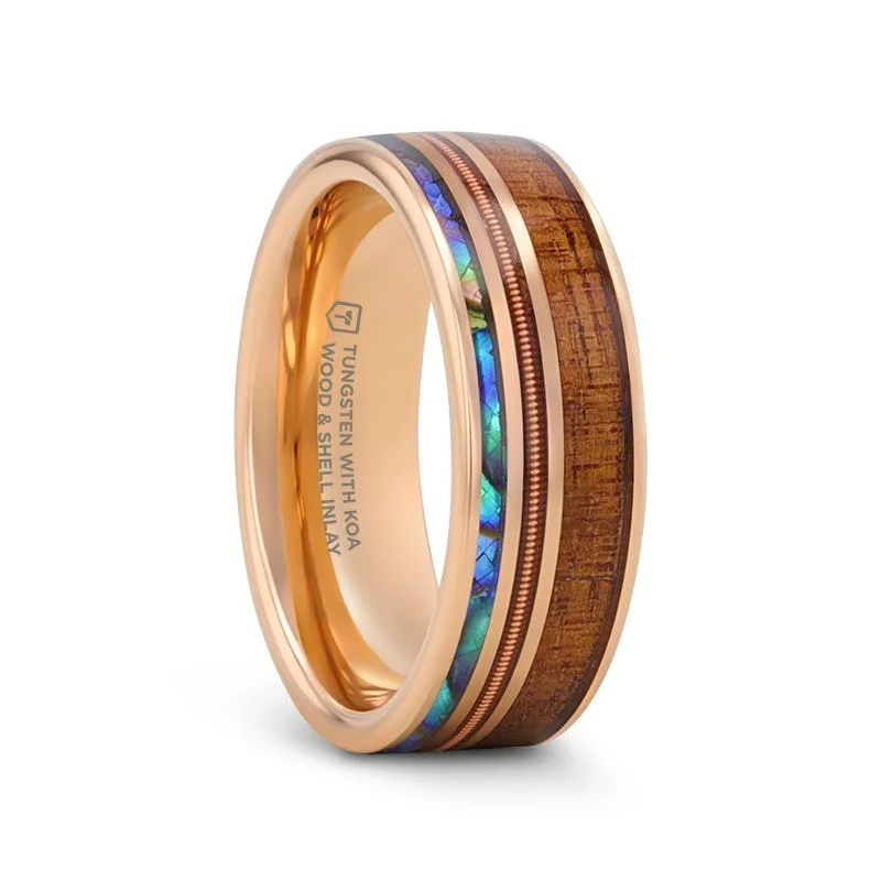 classic diamond necklaces for women -Thorsten MOANA Smoked Rose Gold Tungsten Ring with Hawaiian Koa Wood Abalone & Guitar String - 8mm