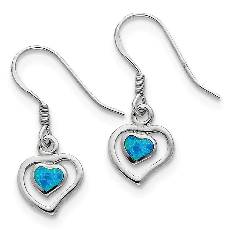 modern earrings for women -10mm Created Blue Opal Double Heart Dangle Earrings in Sterling Silver