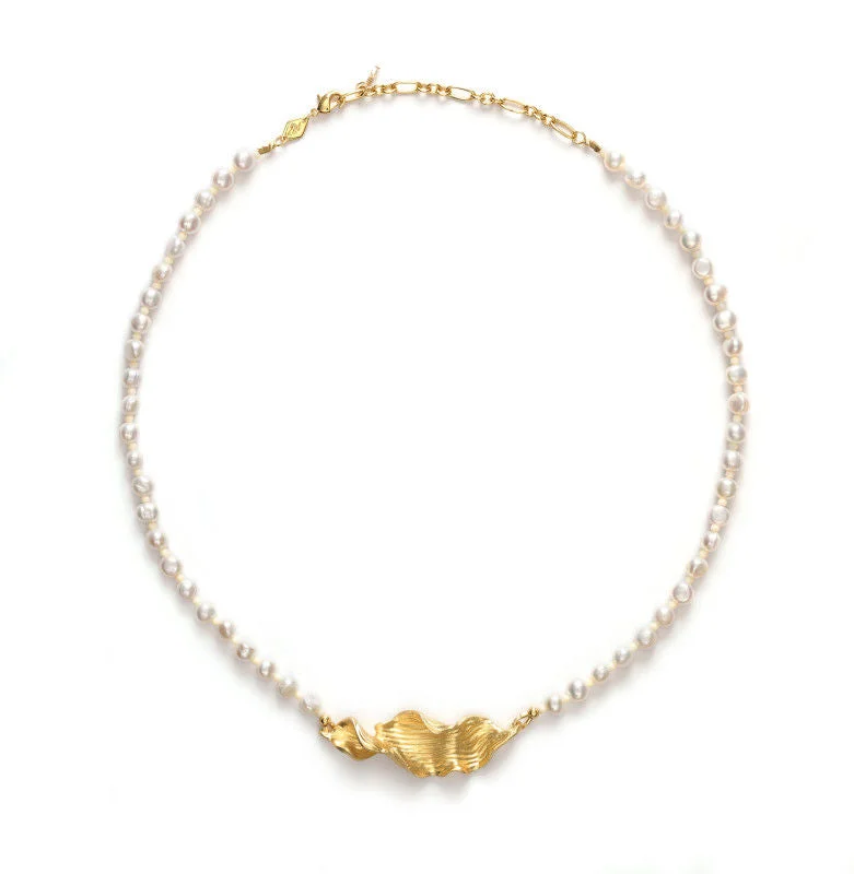 geometric necklaces for women -Seaweed Pearly Gold Plated Necklace w. Beads