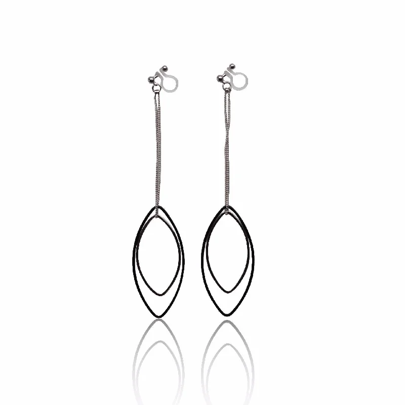 hoop earrings with diamonds -Long silver and black oval hoop invisible clip on earrings