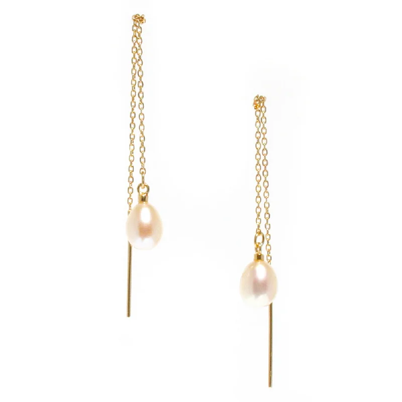 gold drop earrings for women -Tiffany Thread Pearl Earrings Gold